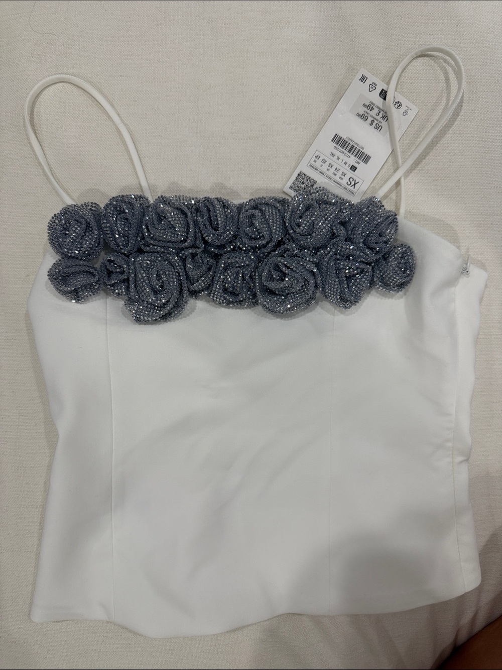 Zara White Camisole with Silver Beaded Rose Trim
